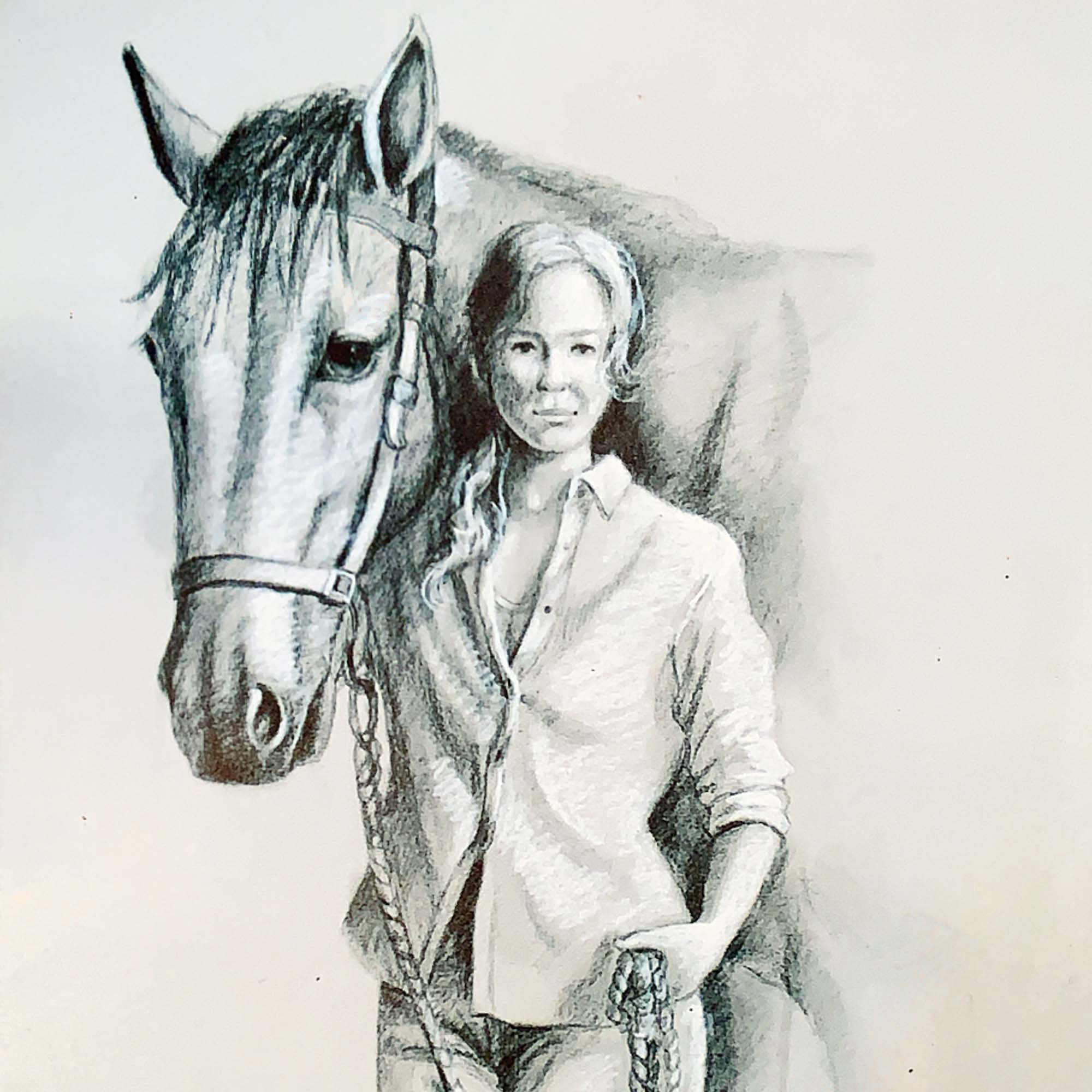 Drawing of a jockey and her hourse.