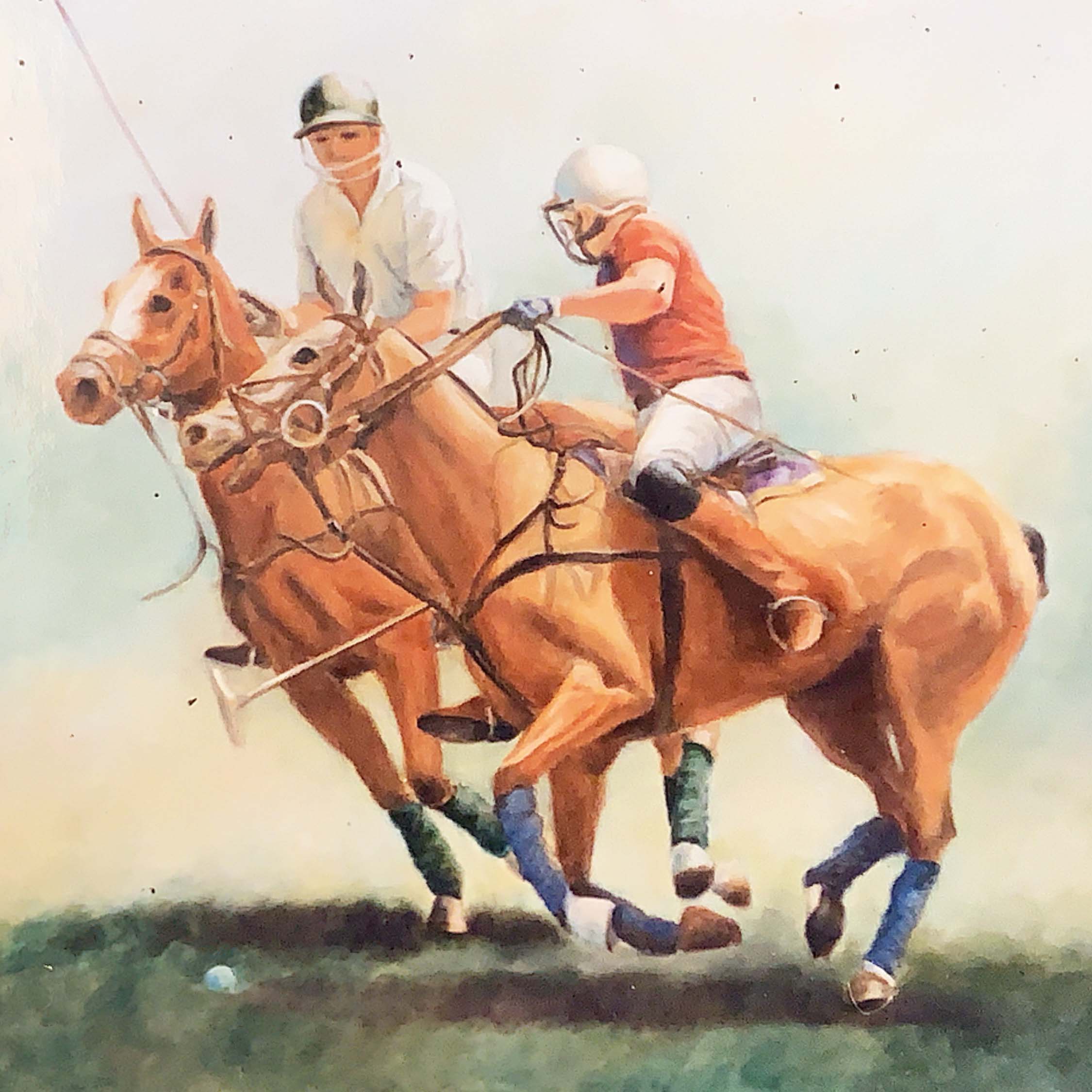 Portrait of two men atop their horses, playing a match of polo.