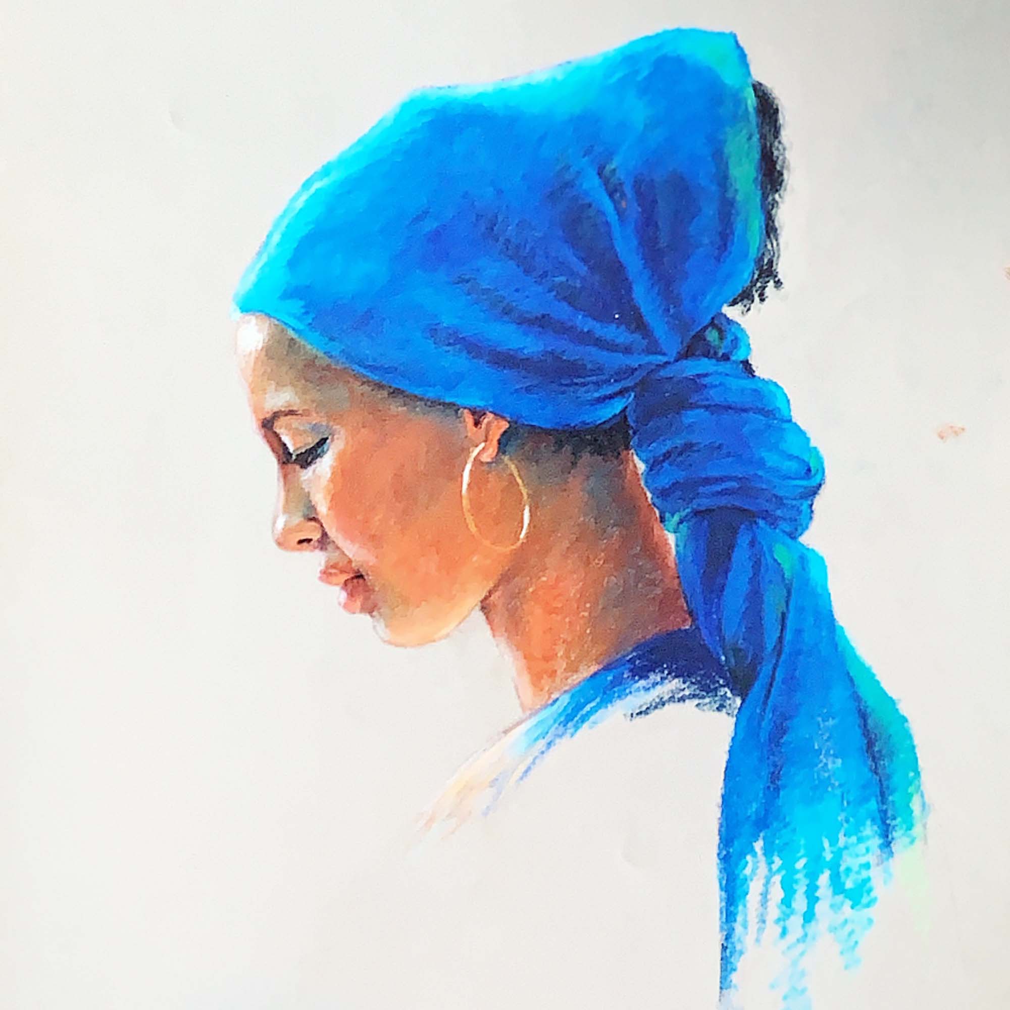 Pictures of a woman in a blue headress.